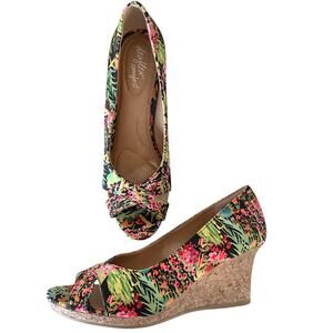 DexFlex Comfort 7 cork Hawaiian bright palm flower spring summer heel shoe high